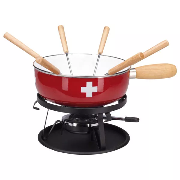Set à fondue au fromage croix suisse, 9 pièces, rouge/blanc - Kit de fondue