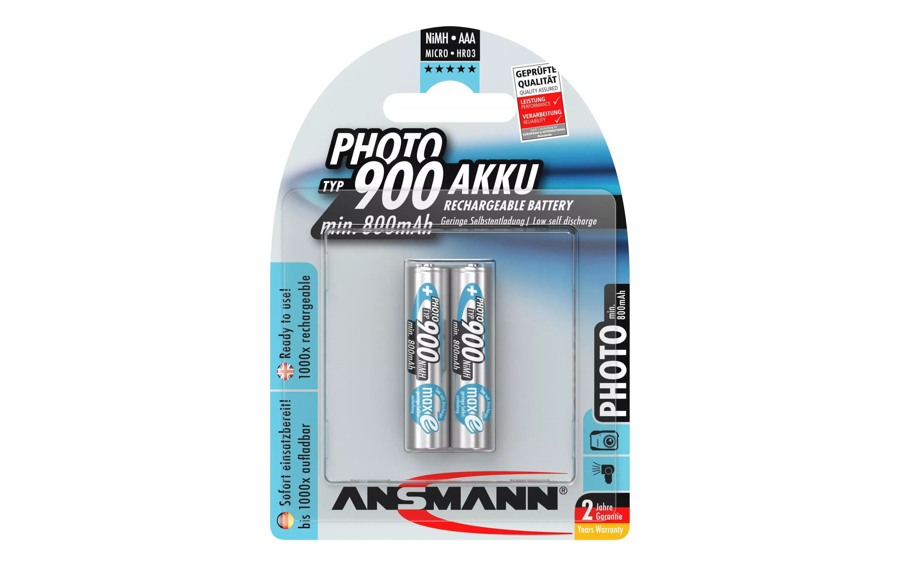 Batteria ricaricabile Ansmann 2x AAA tipo 900 800 mAh per fotocamere digitali, ecc.