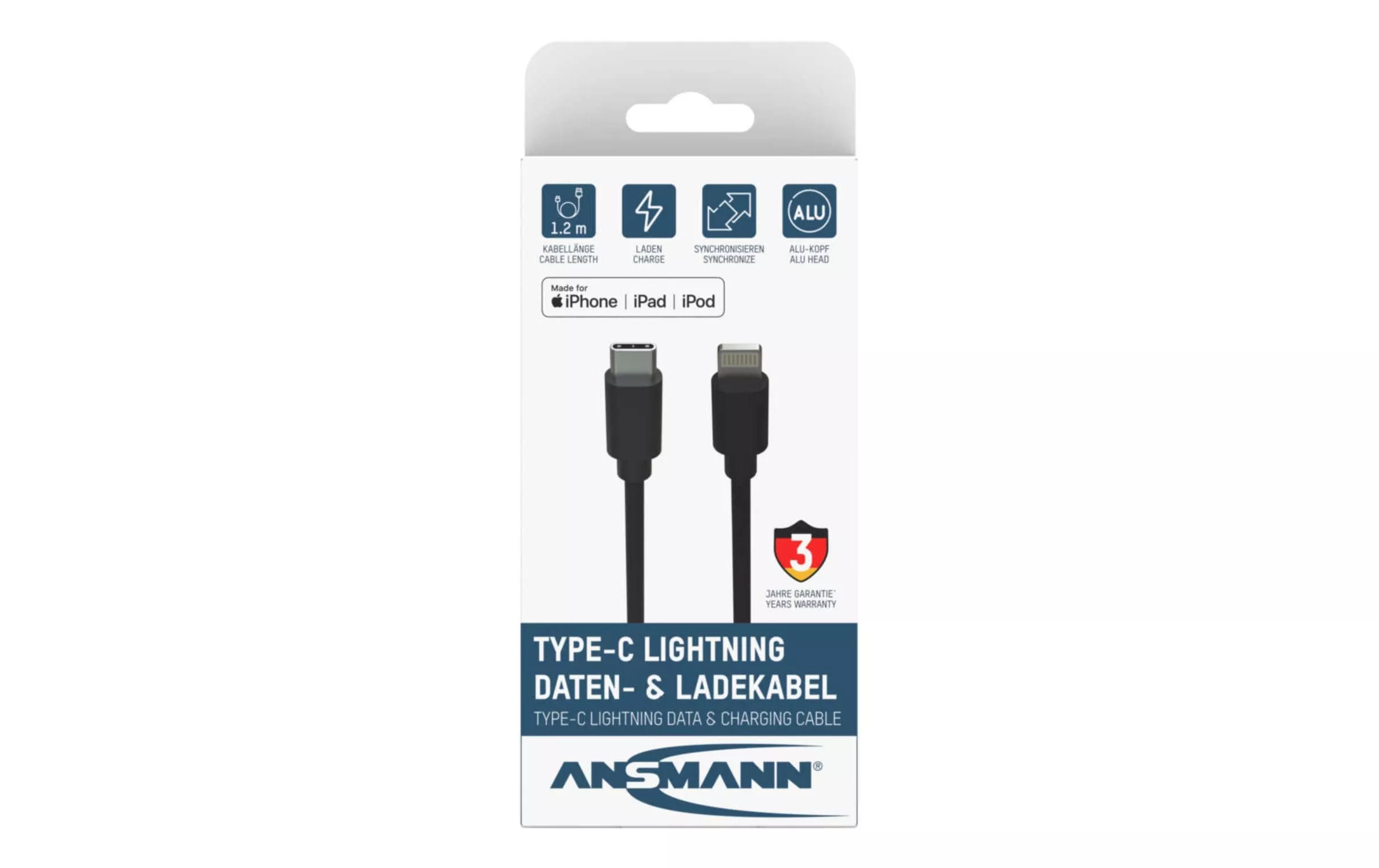 Cavo USB 2.0 Ansmann per iPhone, iPad, USB C - Lightning 1,2 m