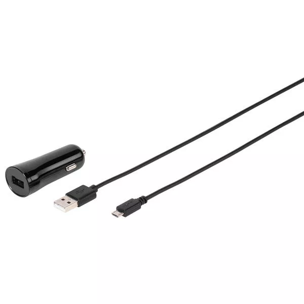 Chargeur de voiture 2,4A, avec câble micro USB, 1,2m, noir