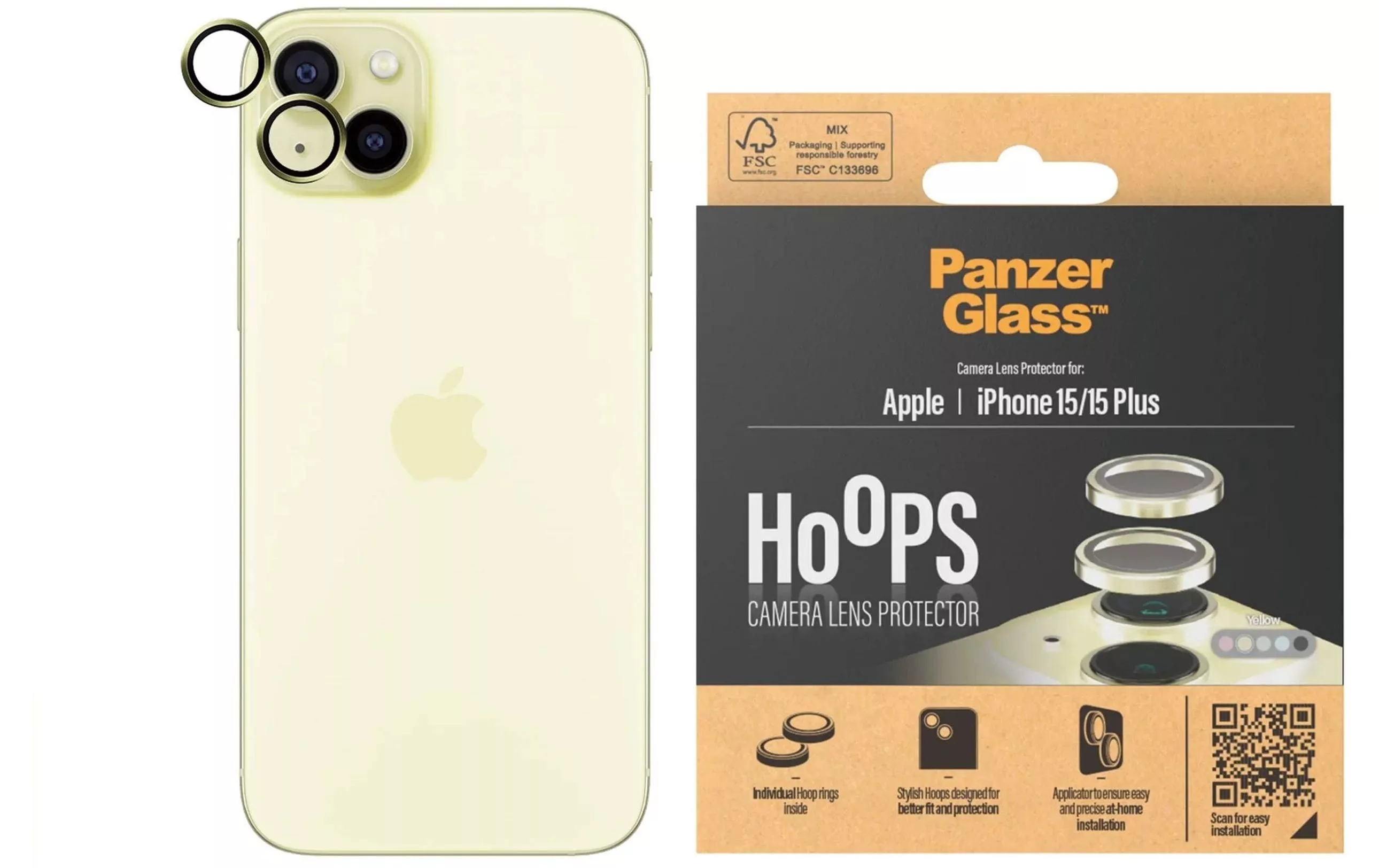 Anelli di protezione della lente in vetro blindato HOOPS iPhone 15 / 15 Plus Giallo