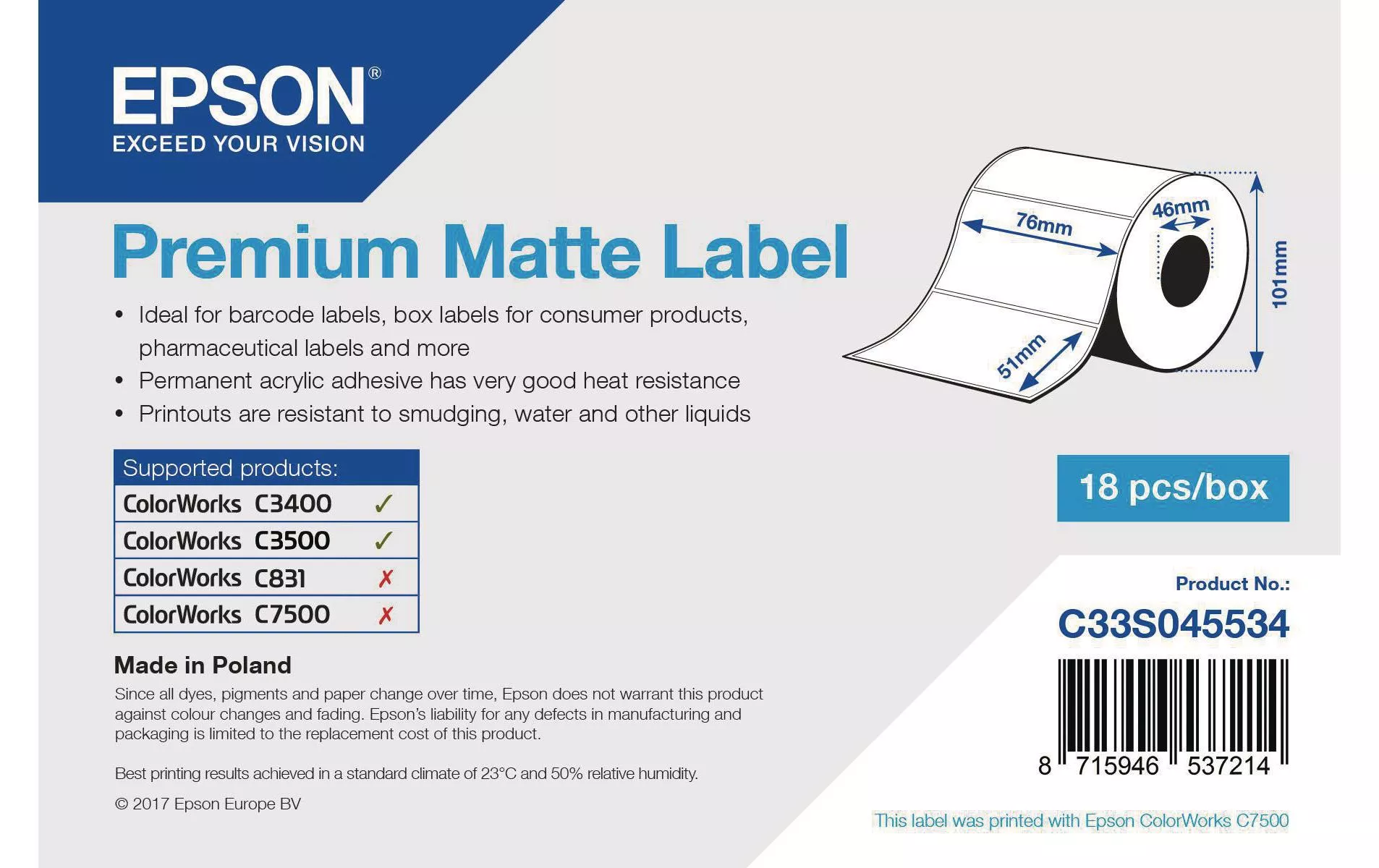 Rotolo di etichette Epson Premium 76 x 51 mm