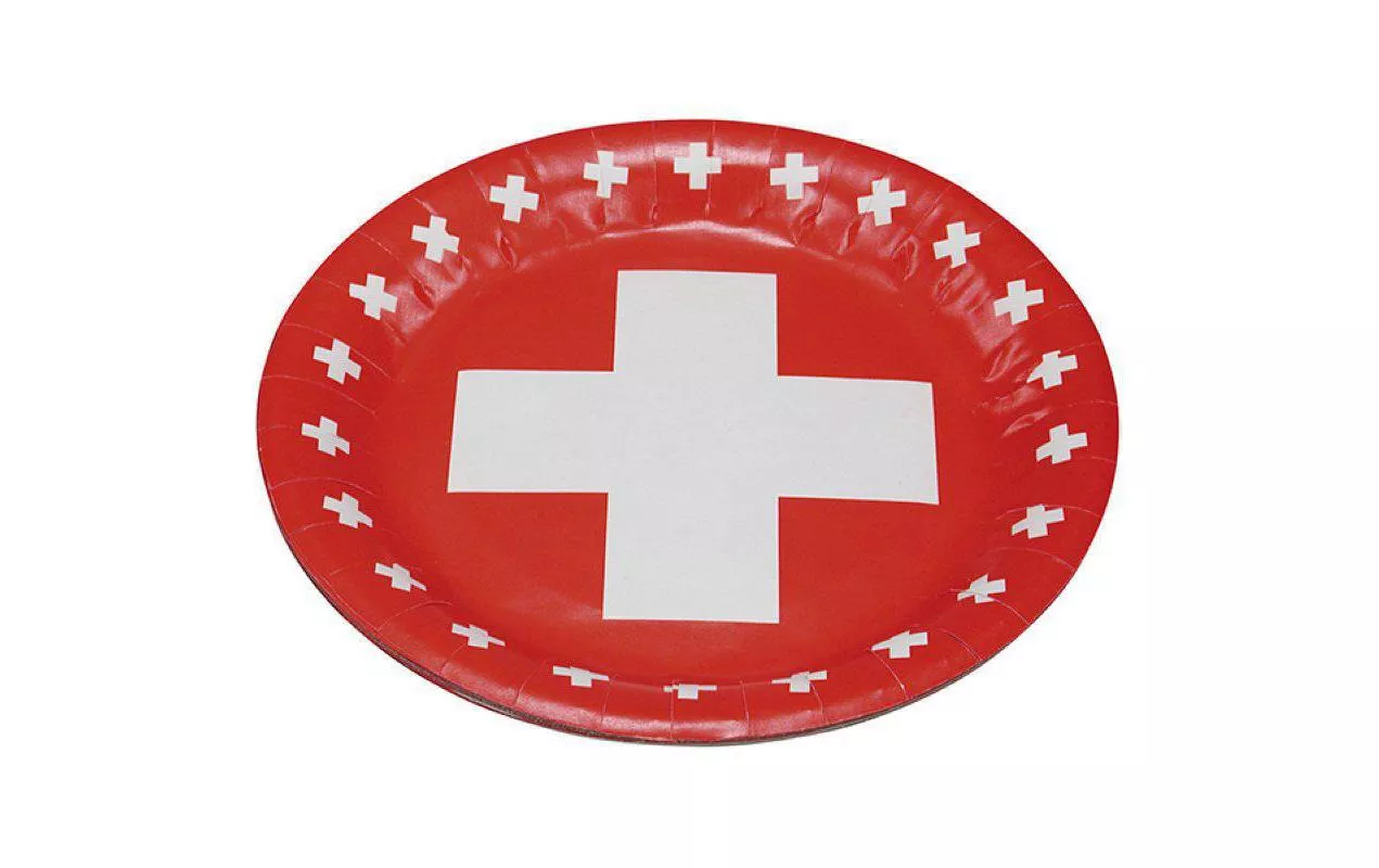 Einwegteller Schweizerkreuz 23 cm, 8 Stück, Rot/Weiss
